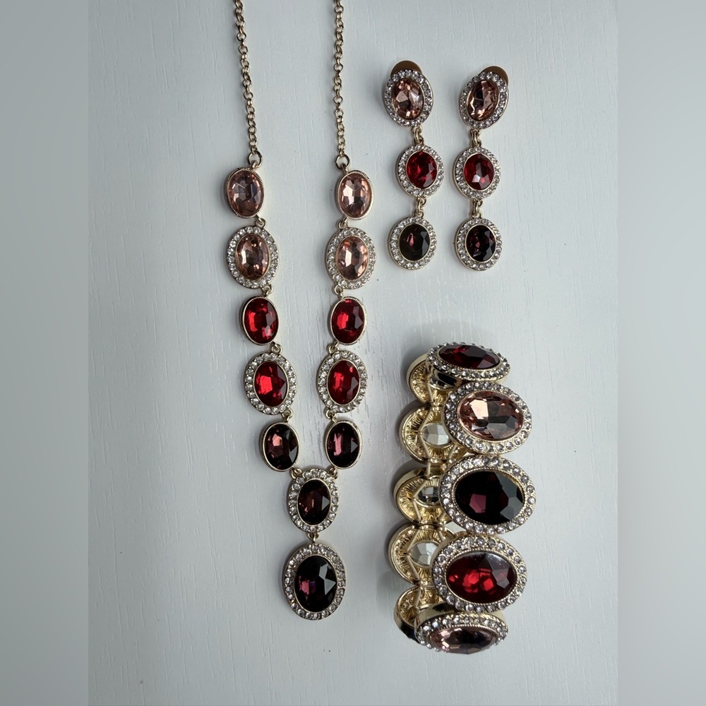 Monet Gold and Purple - Red Crystal Necklace, Bracelet & Earrings Set